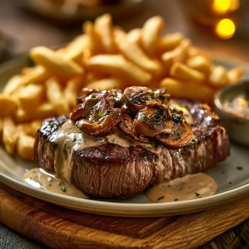 Steak with mushroom sauce and crispy fries