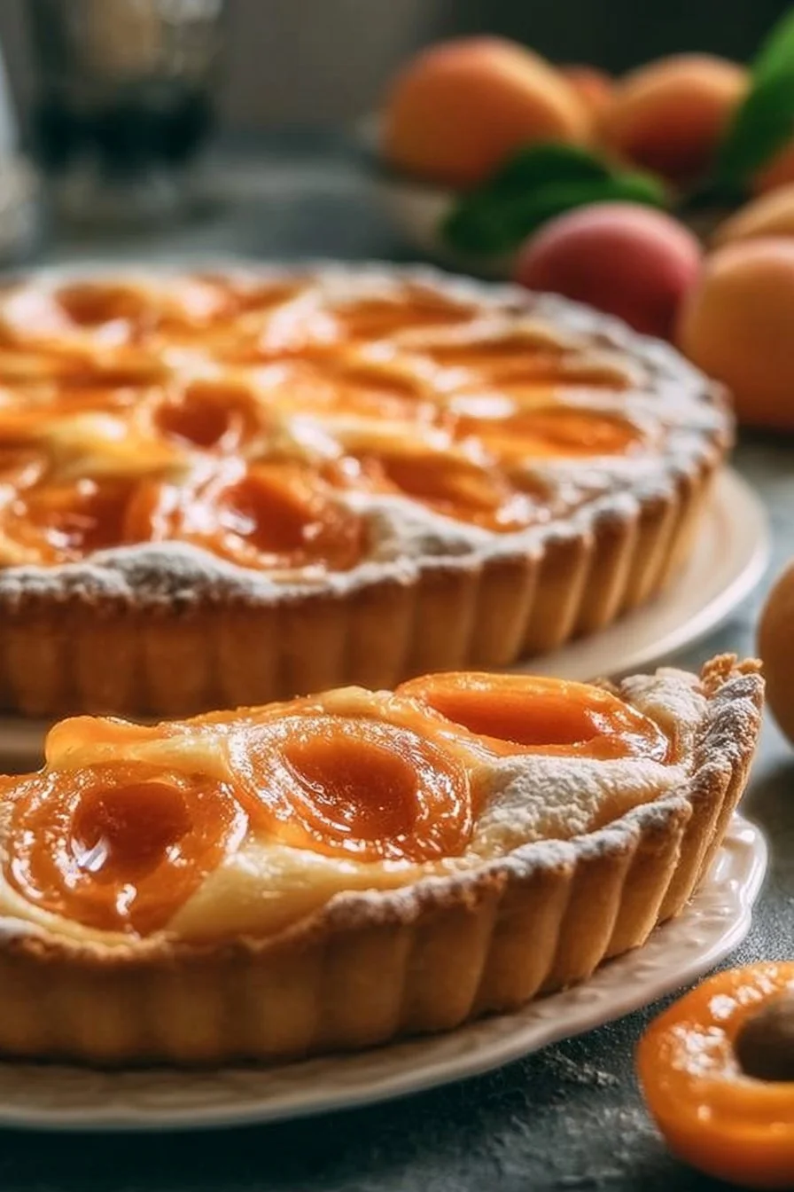 Tarte aux Abricots avec des abricots frais et dorés sur une croûte dorée