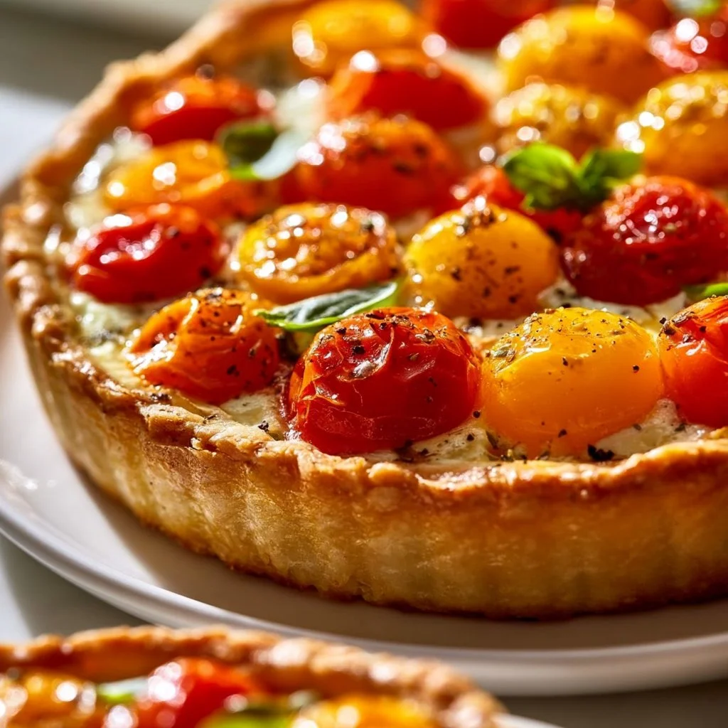 Tarte rustique aux tomates et fromage de chèvre sur une table en bois