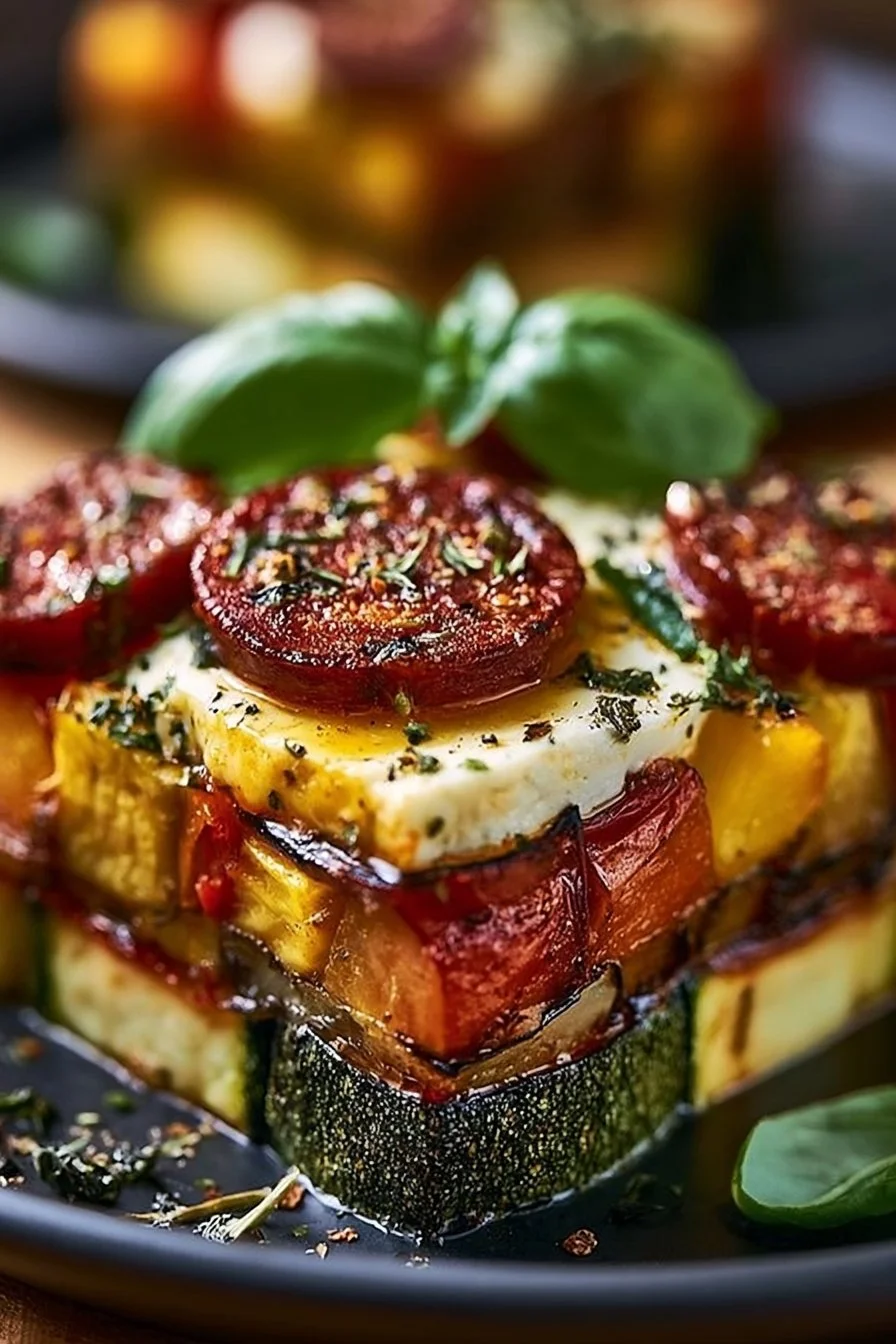 Terrine de Courgettes avec Chorizo et Feta, prête à être dégustée.