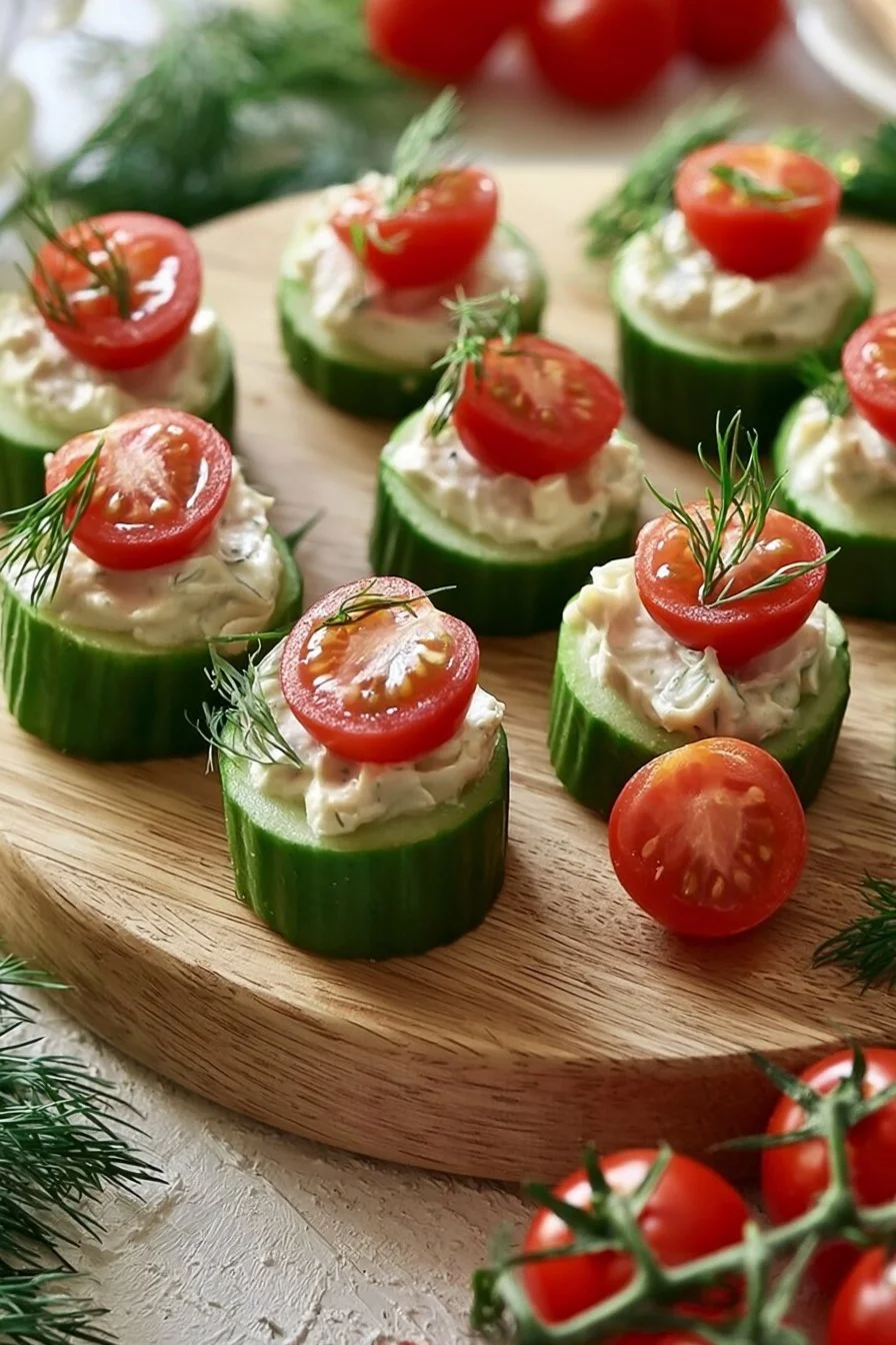 Toasts de concombre au thon avec tomates cerises sur une assiette.
