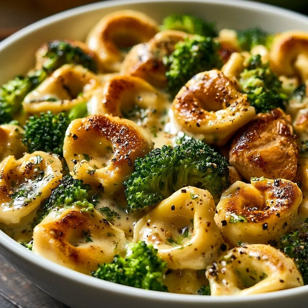 Tortellini with garlic and parmesan with chicken and broccoli