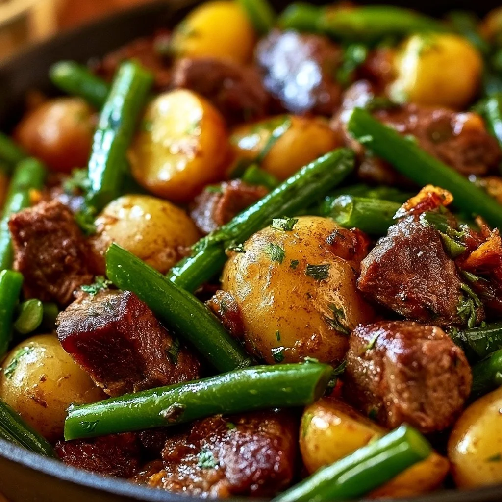 Plat de viande avec pommes de terre et haricots verts cuisiné en airfryer