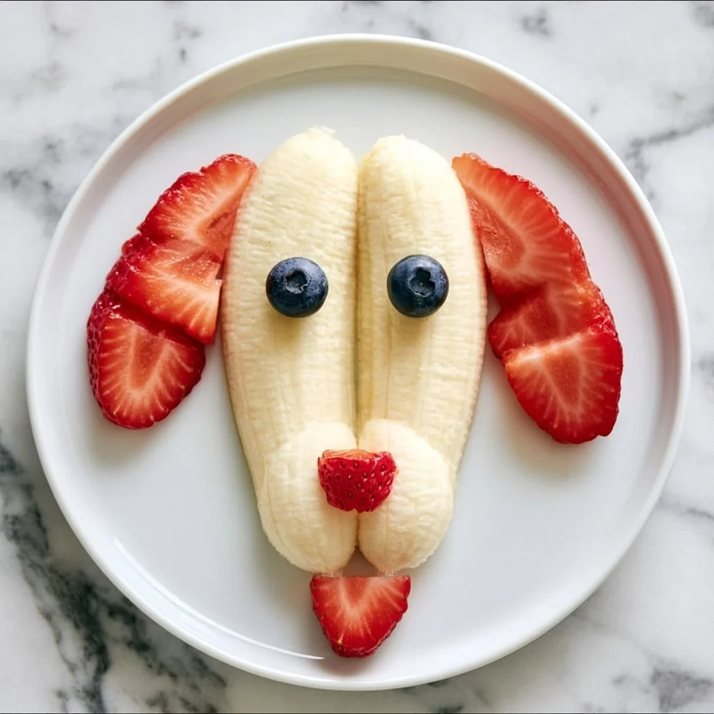 Visage d'animaux fait avec des fruits, incluant des bananes et d'autres aliments.