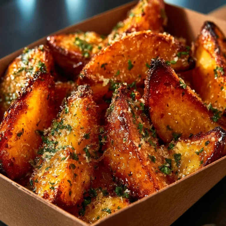 Wedges de pommes de terre croustillants au parmesan et à l'ail sur une assiette.
