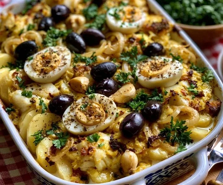 Bacalhau à la Portugaise servi avec légumes frais