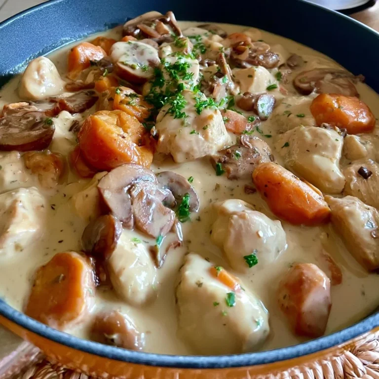 Blanquette de poulet servie avec des légumes frais et une sauce crémeuse