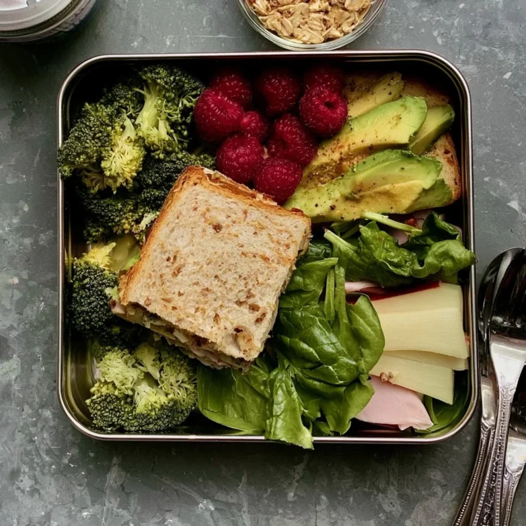 Boîte à déjeuner saine avec brocoli et framboises pour un repas équilibré.