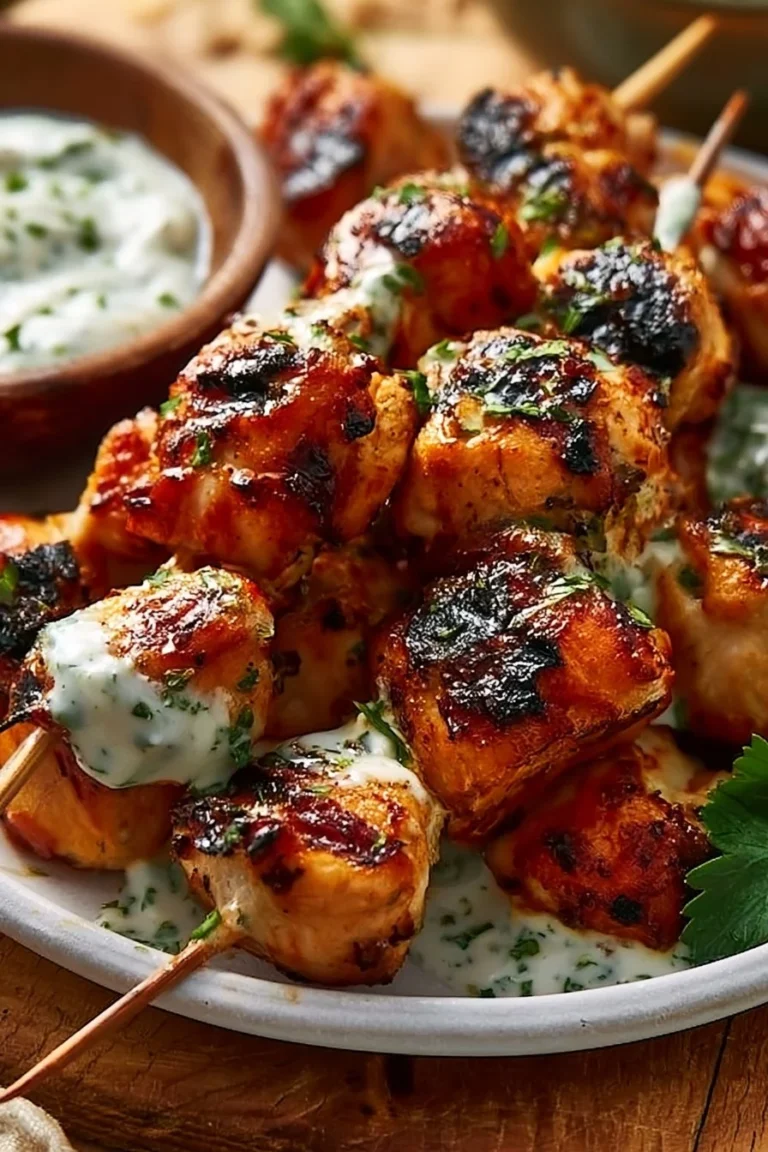 Bouchées de poulet grillé avec sauce ail crémeuse sur une assiette