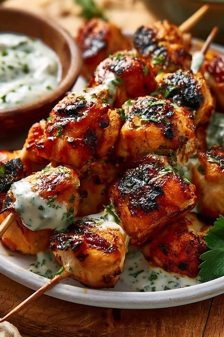 Bouchées de poulet grillé avec sauce ail crémeuse sur une assiette
