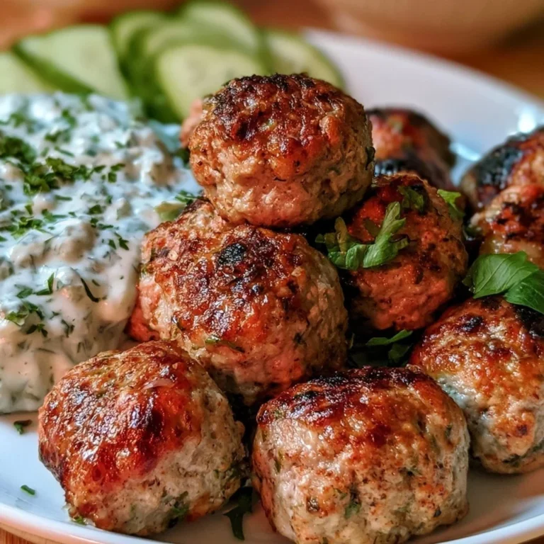 Boulettes de viande grecques servies avec tzatziki frais dans une assiette.
