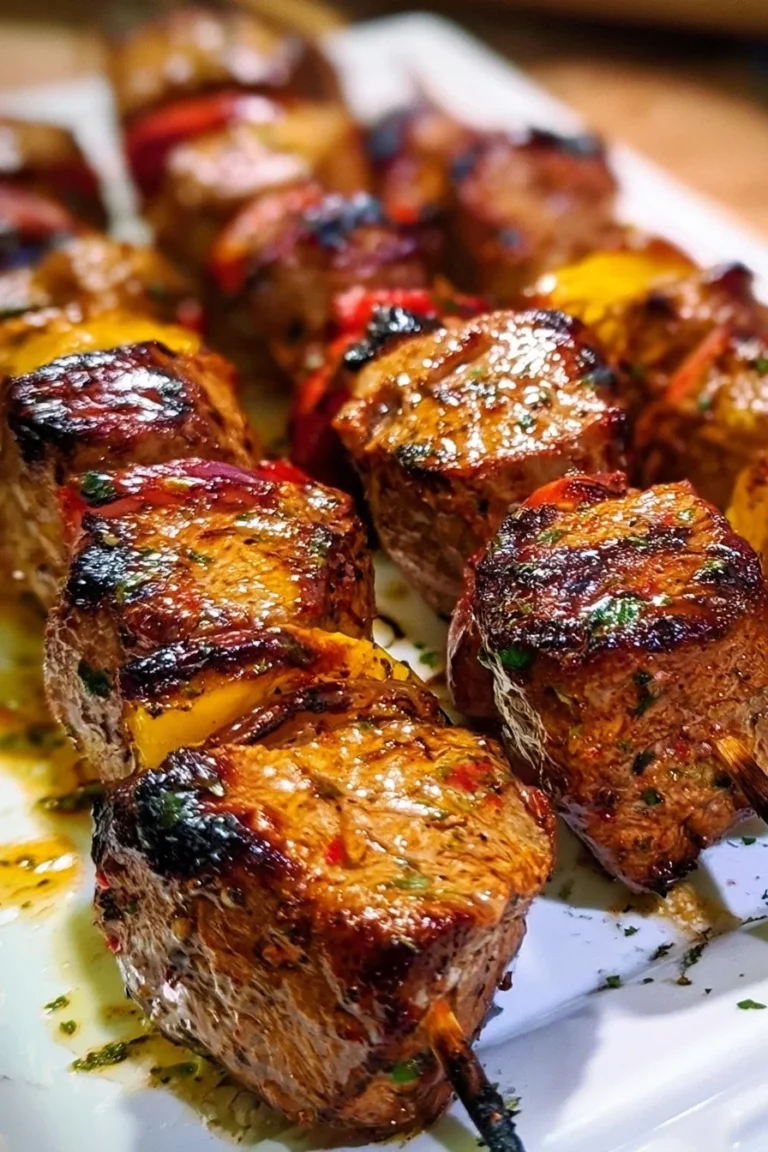Brochettes de filet mignon mariné prêtes à être grillées sur le barbecue