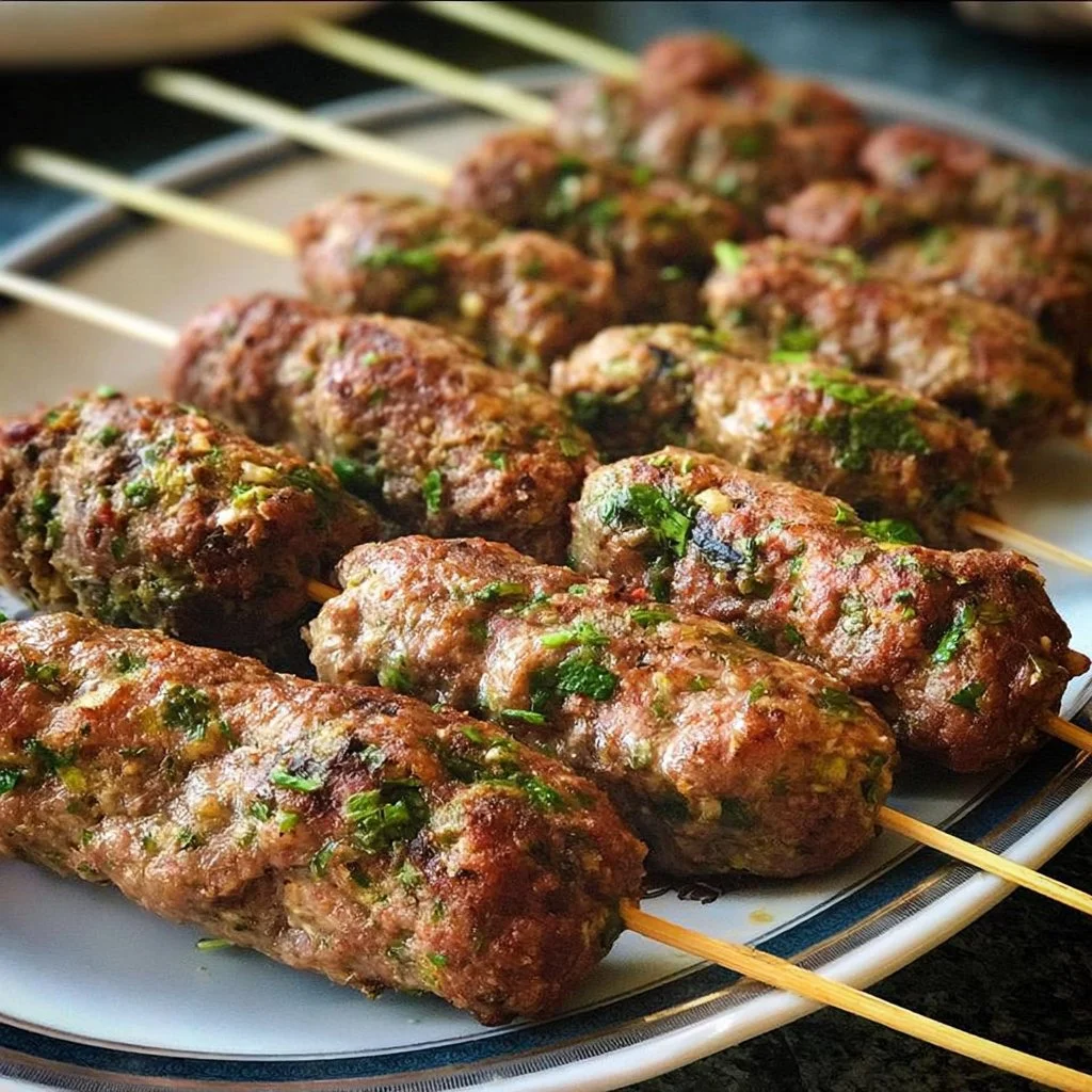 Brochettes de kefta grillées servies sur une assiette avec des légumes