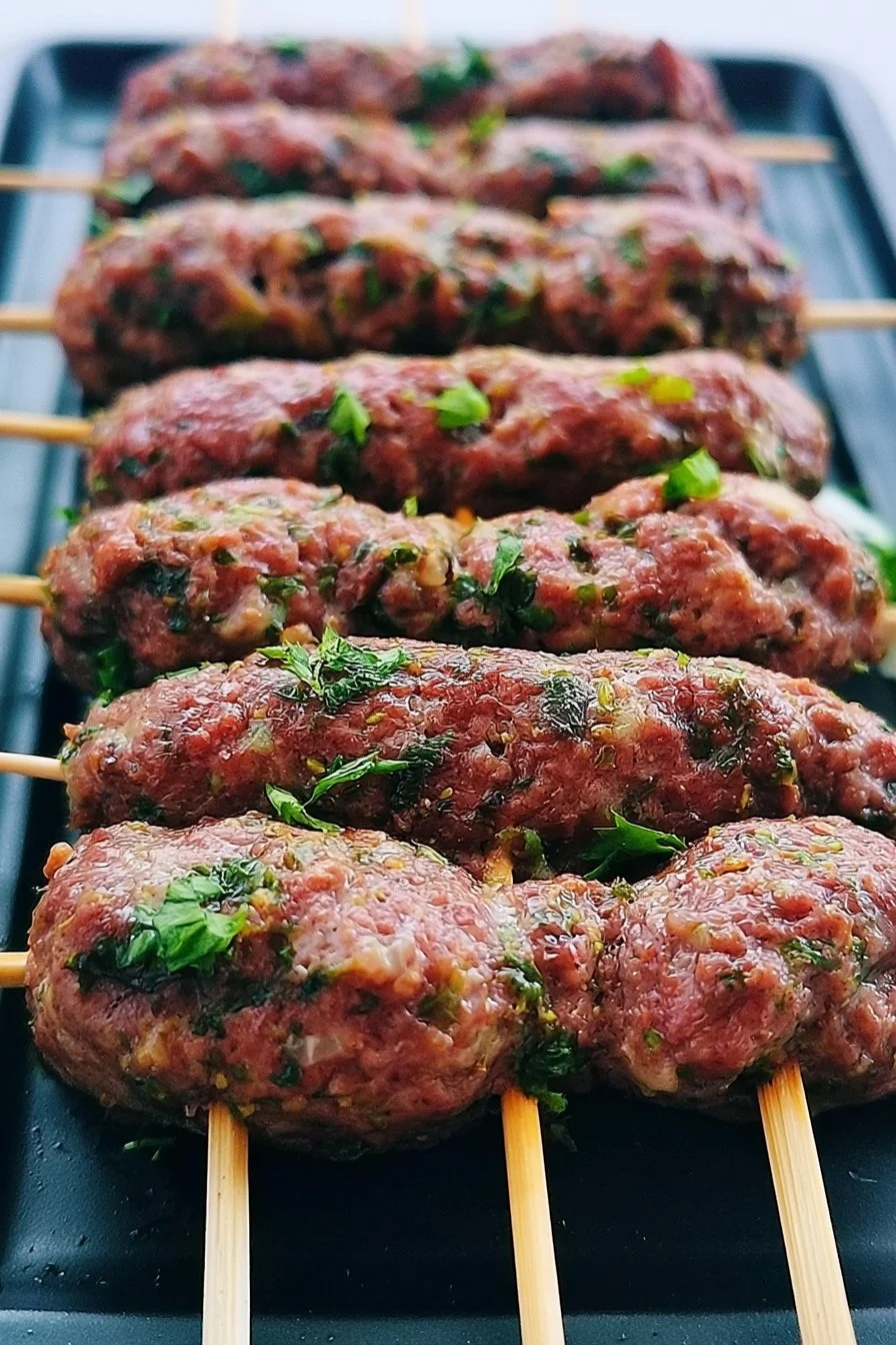 Brochettes de kefta à la marocaine grillées et servies avec des légumes frais.