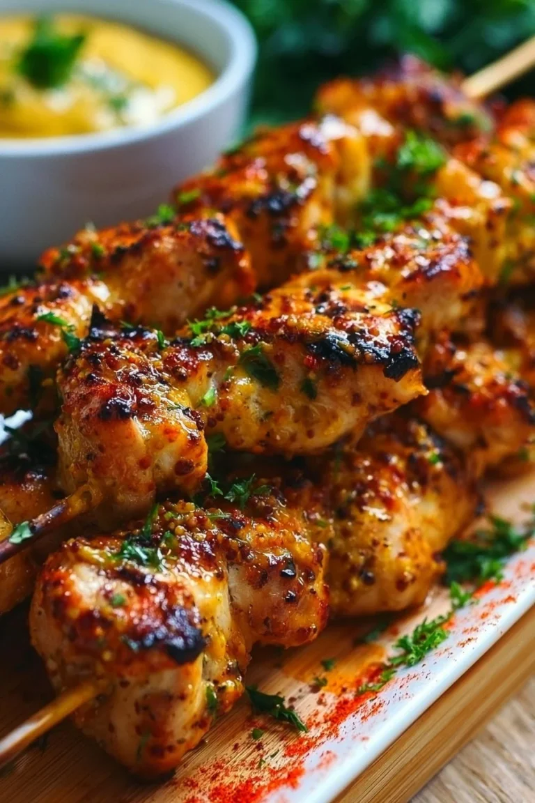 Brochettes de poulet mariné au paprika et moutarde, prêtes à être grillées.
