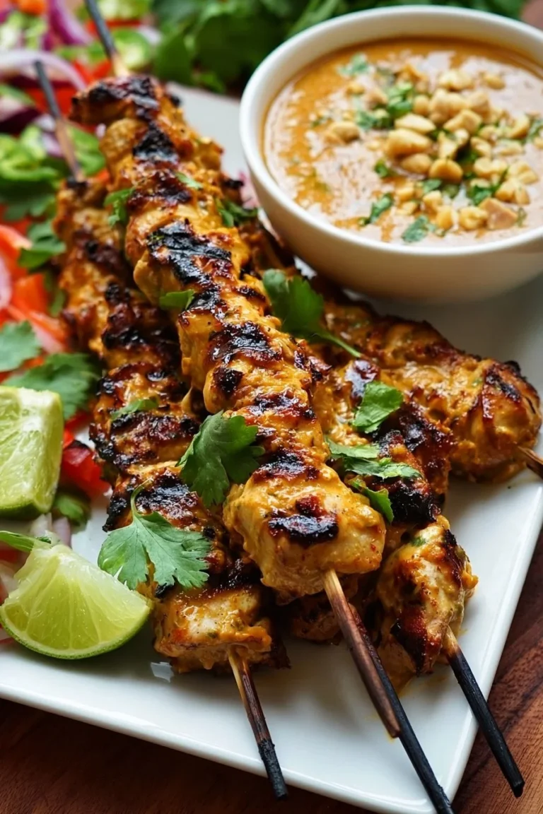 Brochettes de poulet grillées avec sauce aux cacahuètes sur une assiette