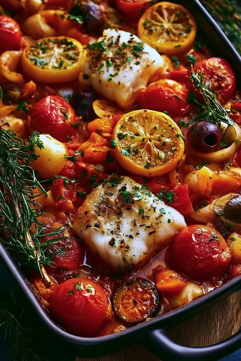 Plat de cabillaud à la Méditerranéenne avec légumes et herbes