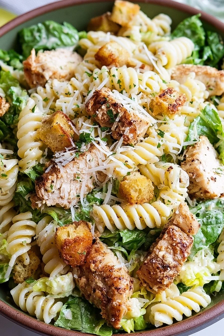 Salade de pâtes César au poulet avec laitue et croûtons croustillants