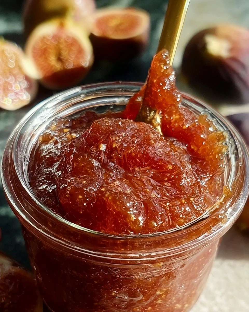 Confiture de figues maison dans un pot en verre sur une table en bois