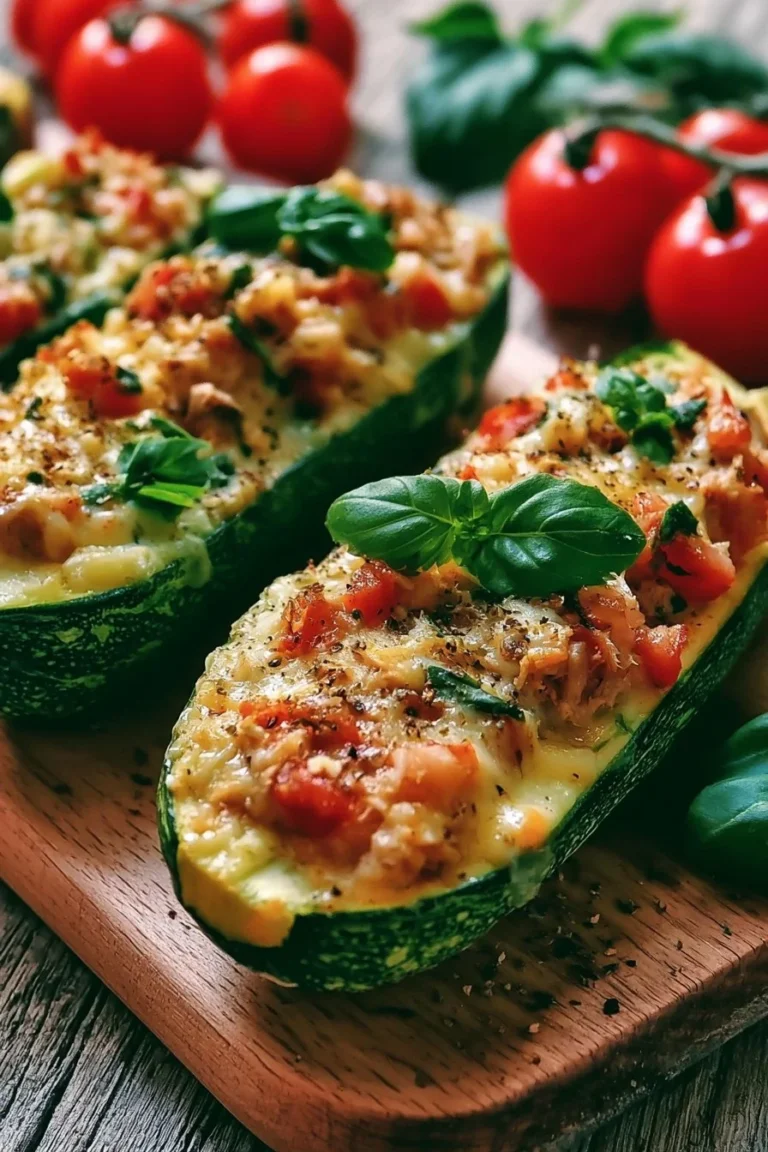 Courgettes farcies au thon et à la tomate prêtes à être servies.
