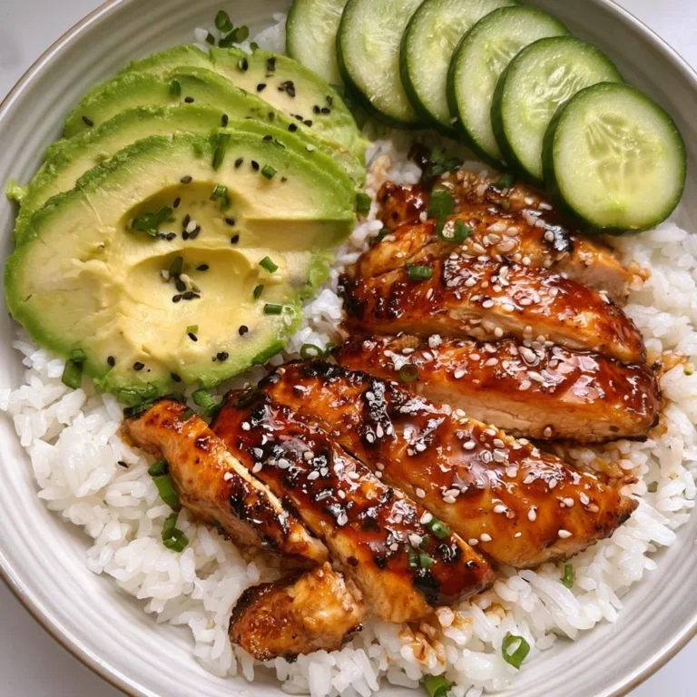 Poulet teriyaki croustillant servi sur riz jasmin avec avocat et concombre