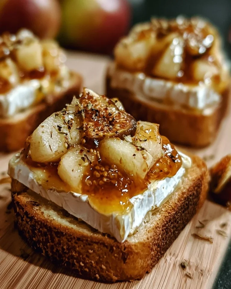Crostini au brie, pommes et confiture de figues sur une planche en bois.