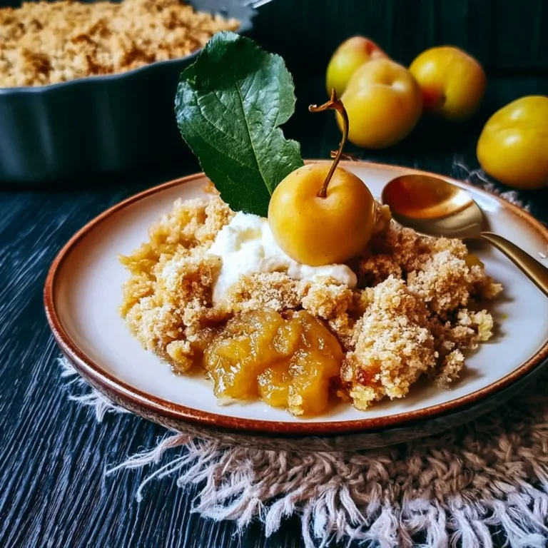 Crumble aux mirabelles doré et croustillant, parfait pour un dessert fruité.