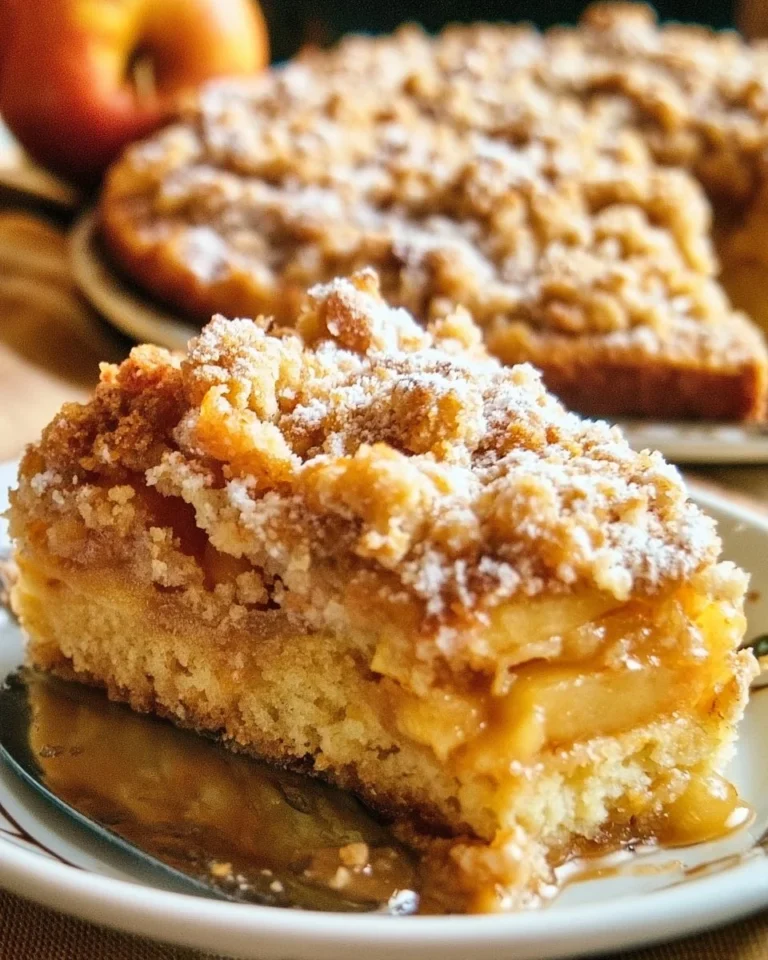 Gâteau aux pommes et crumble sur une assiette, présenté avec des tranches de pommes.
