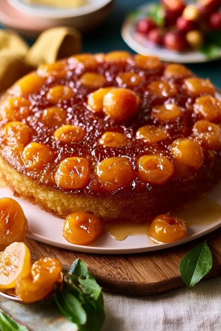 Gâteau renversé aux mirabelles caramélisées sur un plat décoratif