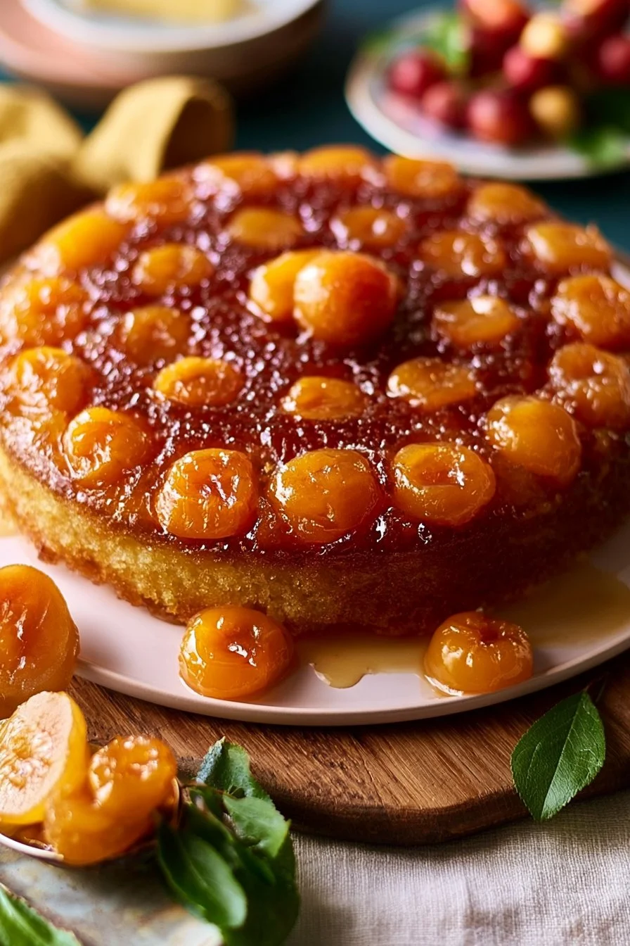 Gâteau renversé aux mirabelles caramélisées sur un plat décoratif
