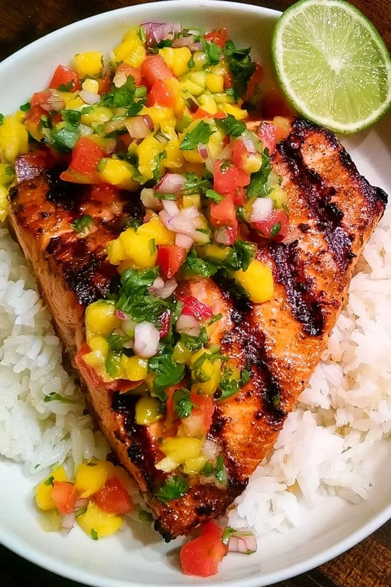 Saumon grillé avec salsa à la mangue et riz à la noix de coco.