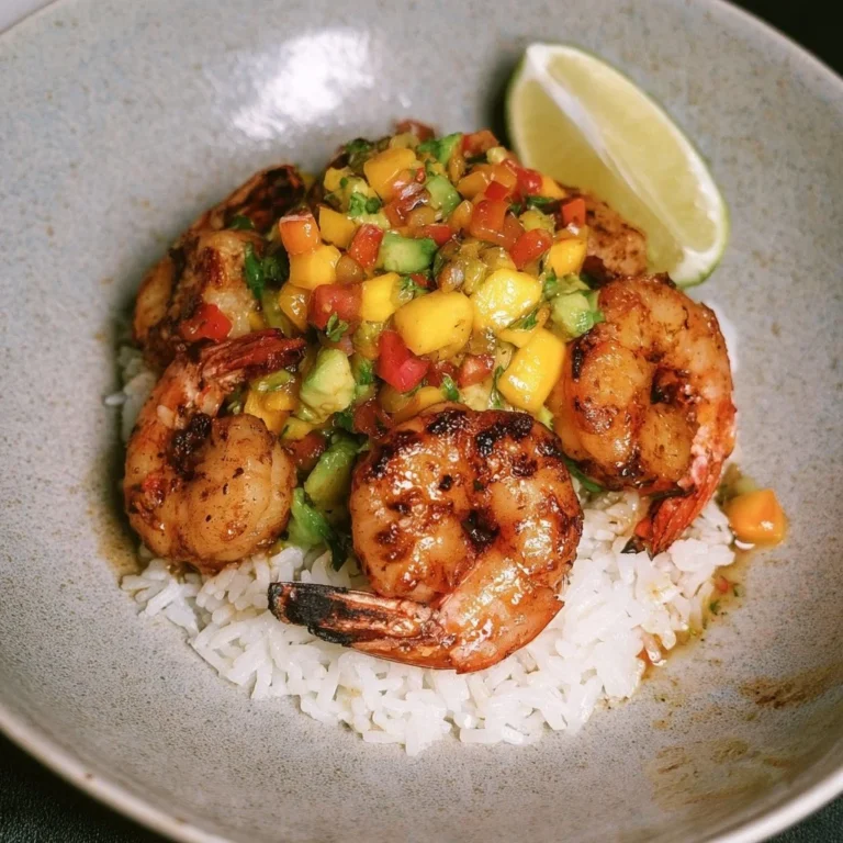 Crevettes grillées avec salsa de mangue et avocat sur une assiette colorée