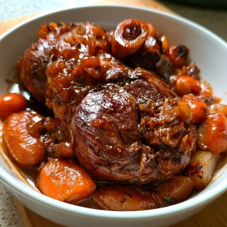 Sauce savoureuse et jarret de veau sucré-salé préparé avec des légumes.
