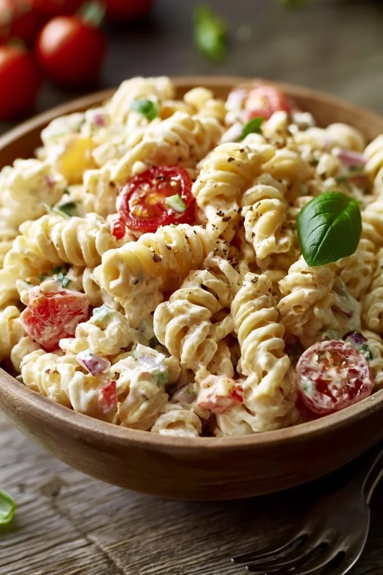 Salade de pâtes crémeuse servie dans un bol avec des légumes frais