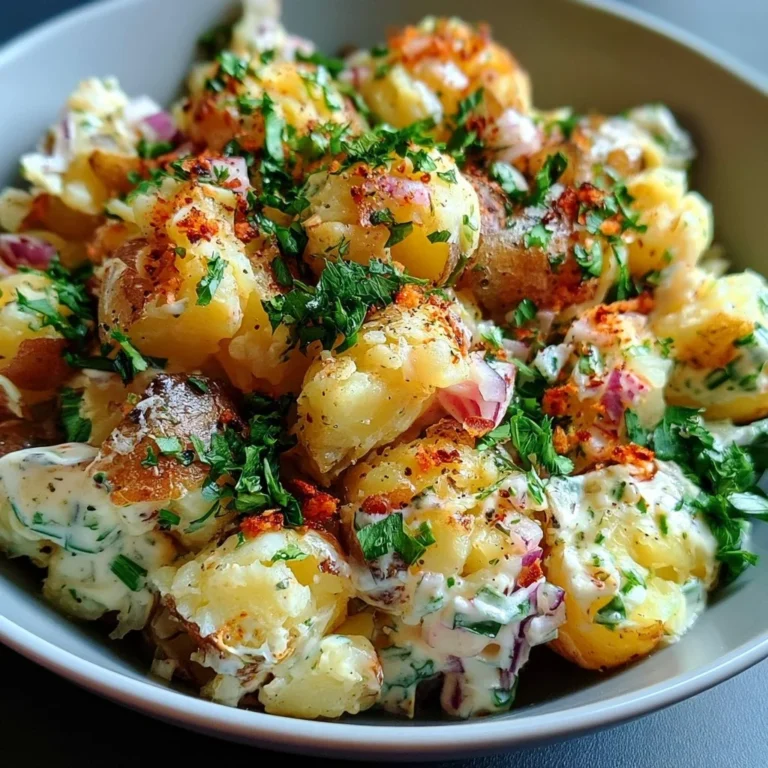 Salade de pommes de terre écrasées, croquante et gourmande, prête à déguster.