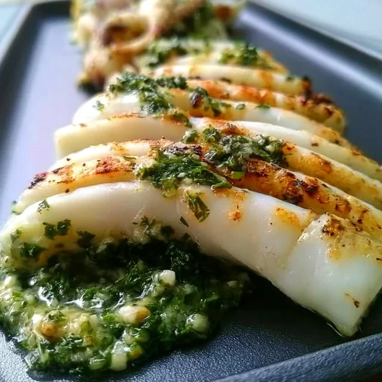 Lamelles de seiche à la plancha avec beurre d'ail persillé, prêtes à être dégustées.