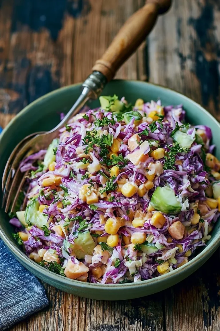 Salade gourmande crémeuse et croquante avec chou rouge et blanc, prête en 15 minutes.