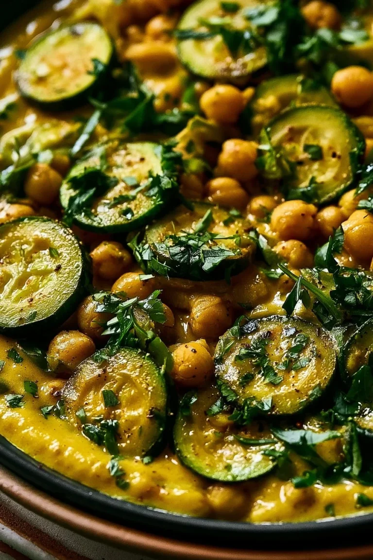 Mijoté de courgettes fondantes et pois chiches au curry dans une assiette
