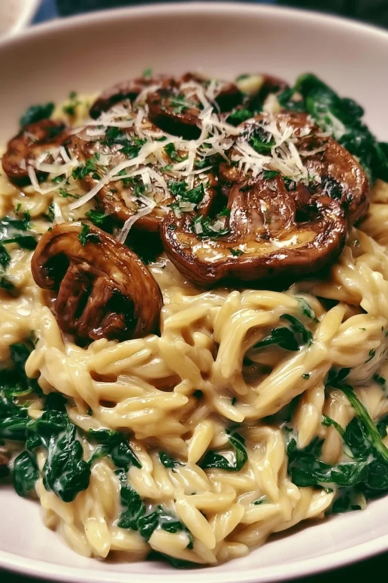 Orzo aux champignons sauté́s avec épinards et crème de parmesan