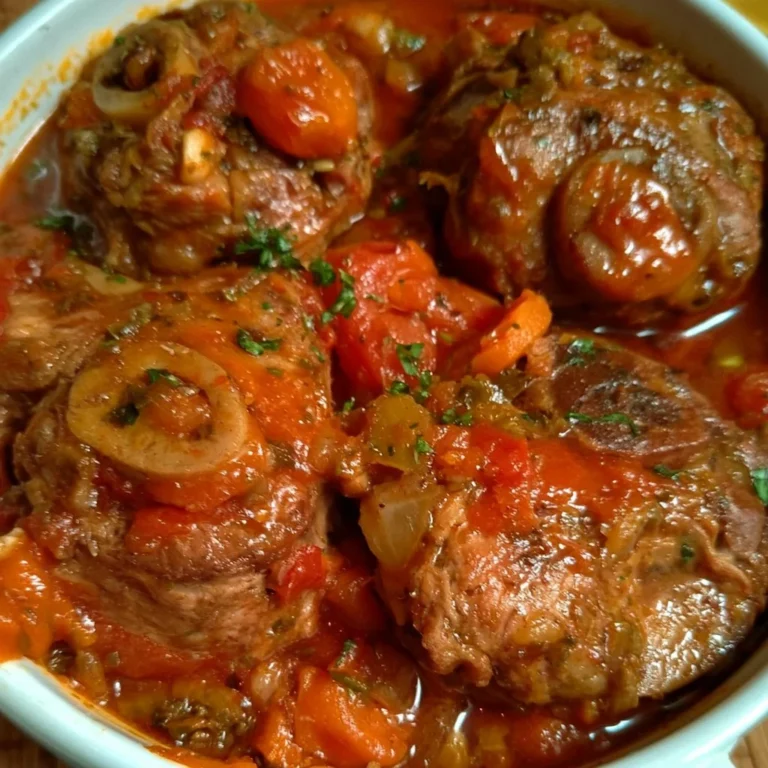 Osso Bucco de Dinde présenté sur une assiette, garnie d'herbes fraîches.