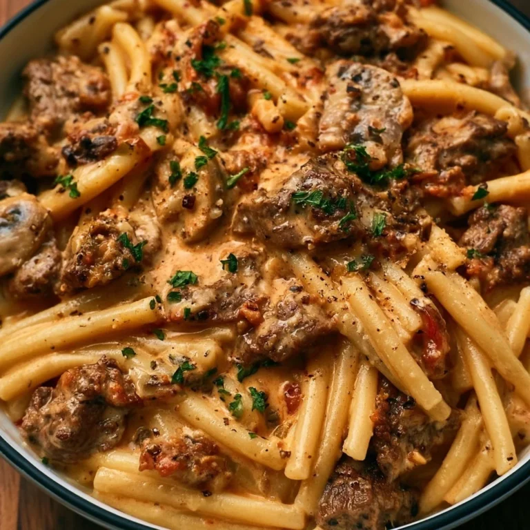 Pasta crémeuse au bœuf riche en protéines, prêt à savourer.