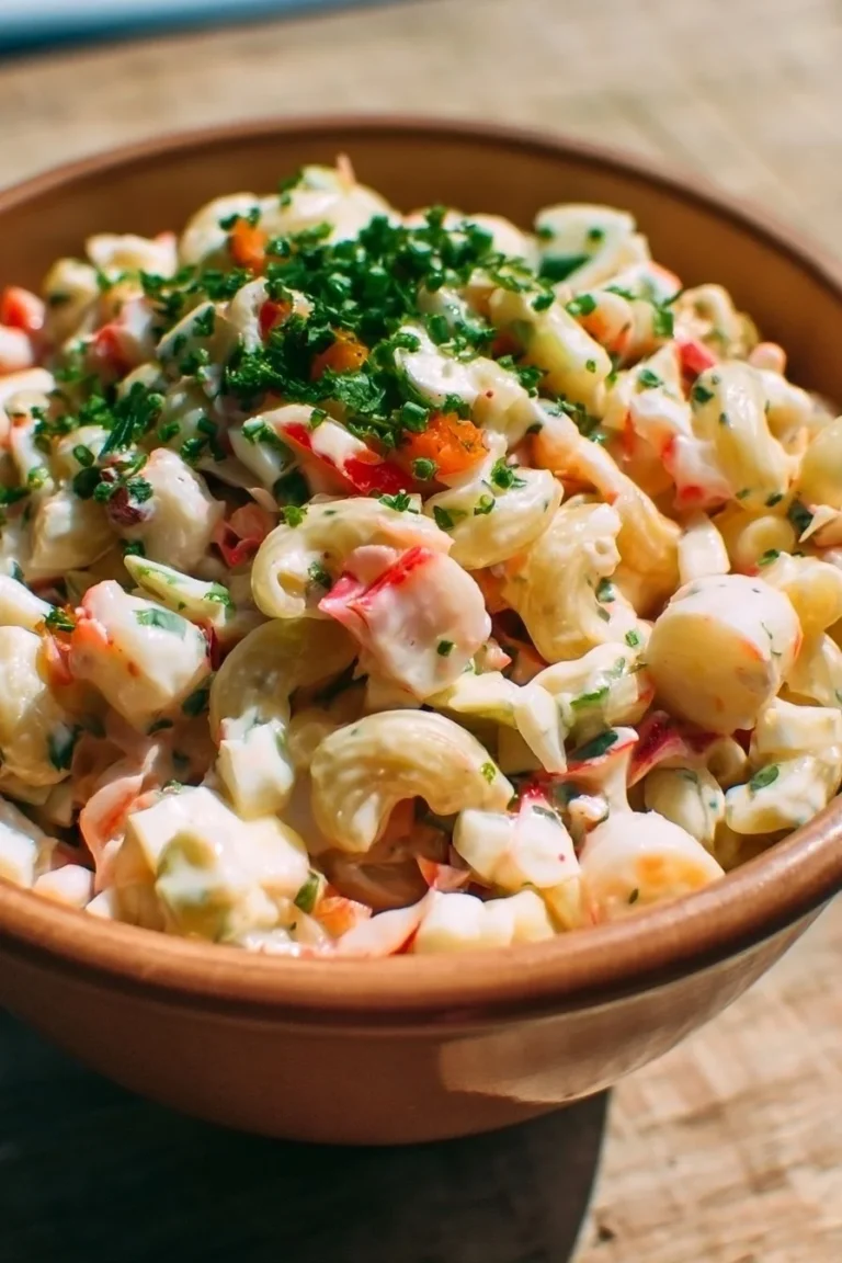 Salade de pâtes au surimi servie dans un bol, accompagnée de légumes frais.