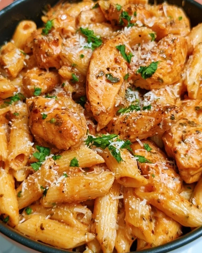 Pâtes au poulet parmesan servies dans une assiette avec du fromage