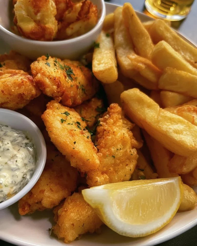 Plat de poisson et frites croustillantes sur une assiette bleue.