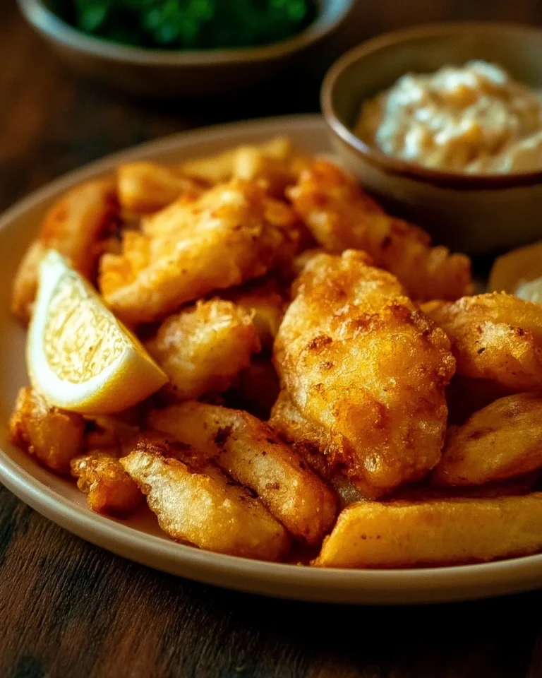 Plat de poisson frit croustillant servi avec des frites dorées
