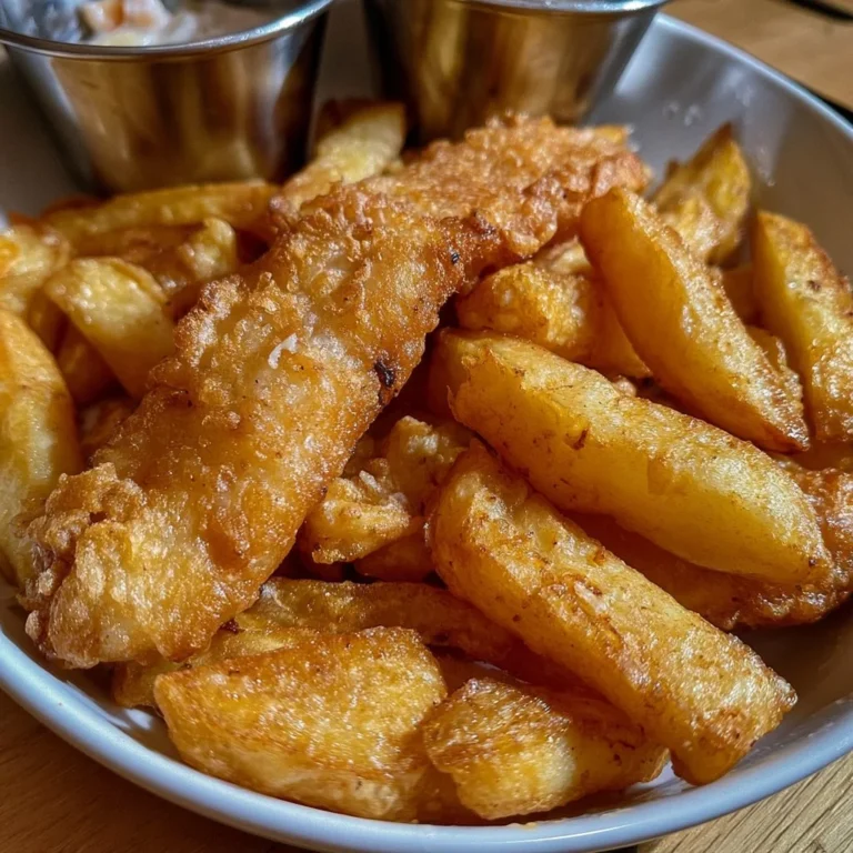 Plat de poisson-frites croustillants présentés sur une assiette appétissante.