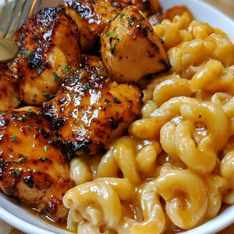 Poulet au beurre d'ail et au miel servi avec macaronis au fromage.