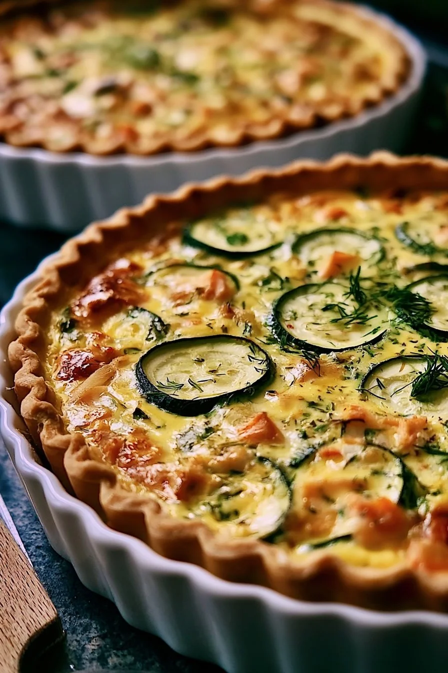 Quiche aux courgettes et au saumon servie avec une salade fraîche
