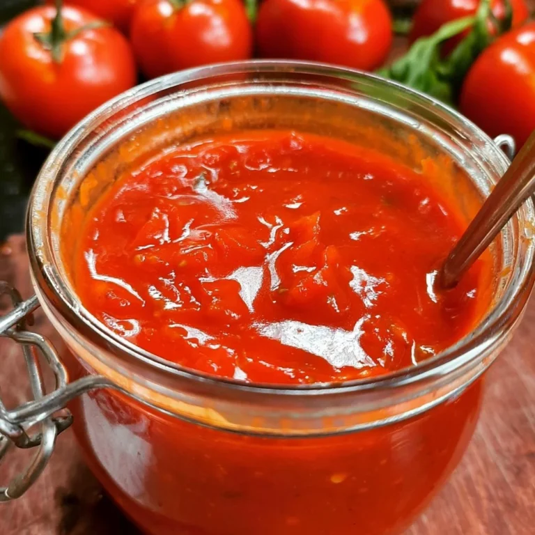 Bocal de sauce tomate maison préparée avec des tomates fraîches et épices.