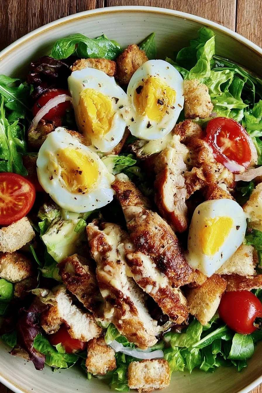 Recette appétissante de salade poulet César avec poulet grillé, croûtons et parmesan.